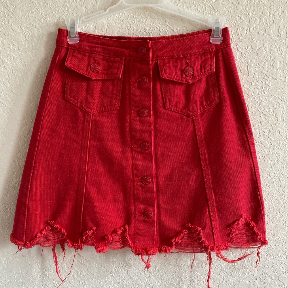 Revolve Red Denim Distressed Skirt